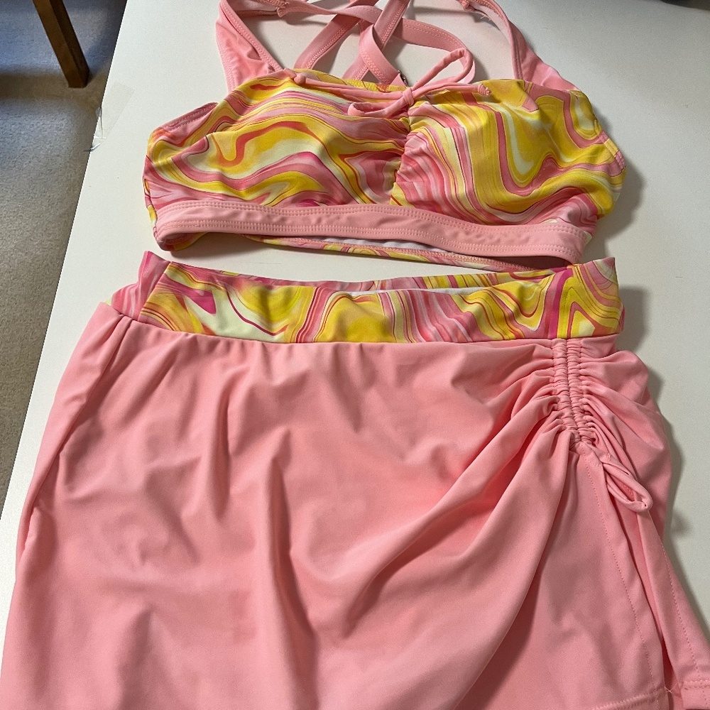 two piece swim suit - with skirted bottom and adjustable top - soft inserts
